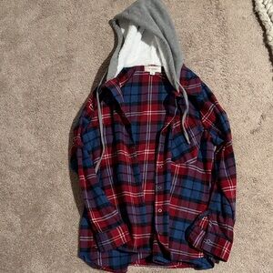 Plaid Hooded Shirt in Red and Blue